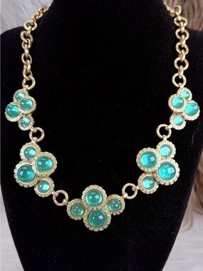 Estate Aqua Cabochon Gold Tone Statement Necklace weighted hinged 16”